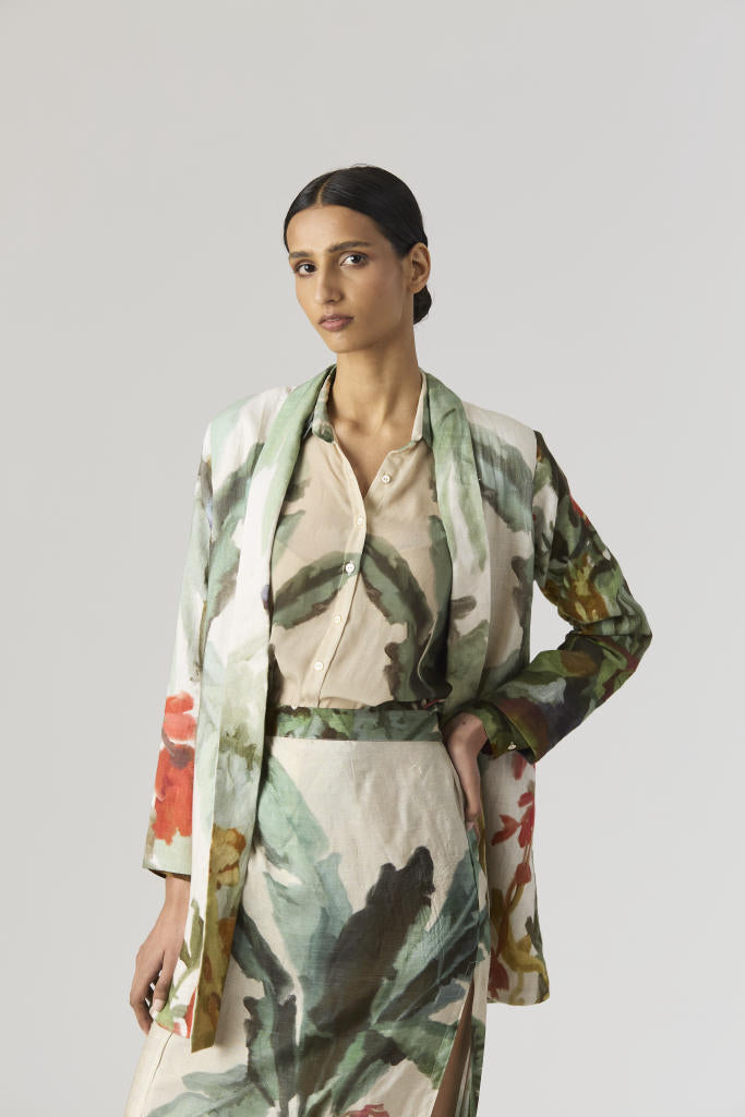 THE HUNT BLAZER & SKIRT SET silk by Yam in green color for women Worldwide