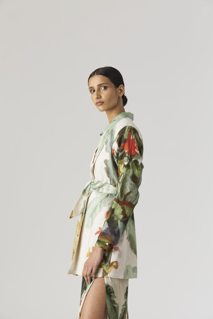 THE HUNT BLAZER & SKIRT SET silk by Yam in green color for women Worldwide