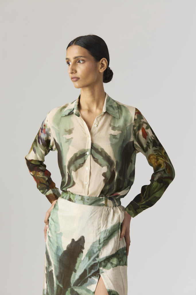 THE HUNT BLAZER & SKIRT SET silk by Yam in green color for women Worldwide