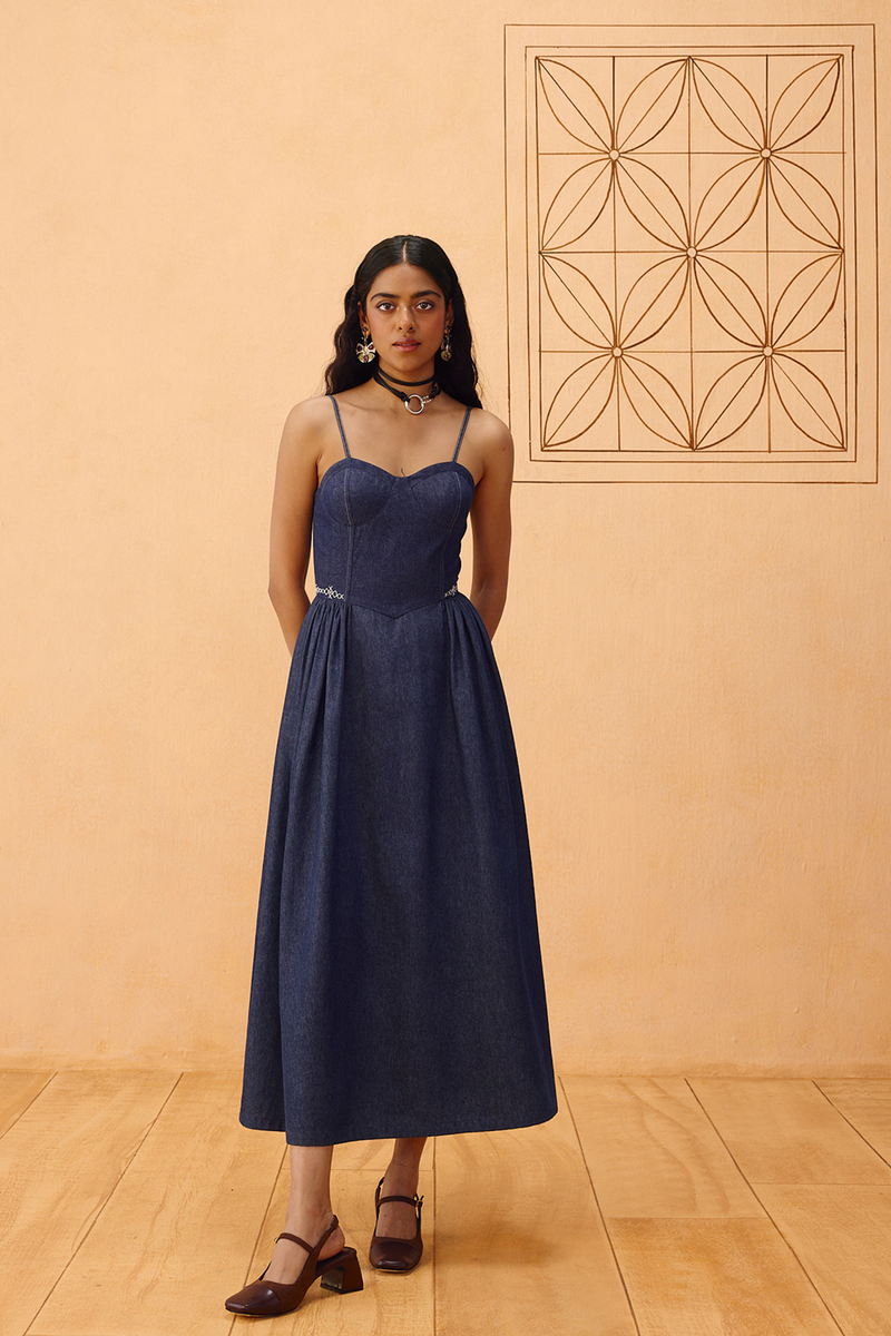 The Jaali Susainable Denim Dress denim dress by SUI in blue for women Worldwide