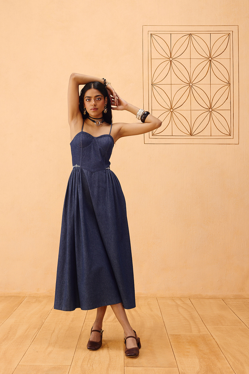 The Jaali Susainable Denim Dress denim dress by SUI in blue for women Worldwide