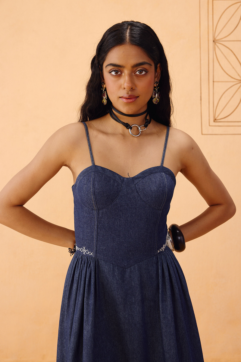 The Jaali Susainable Denim Dress denim dress by SUI in blue for women Worldwide