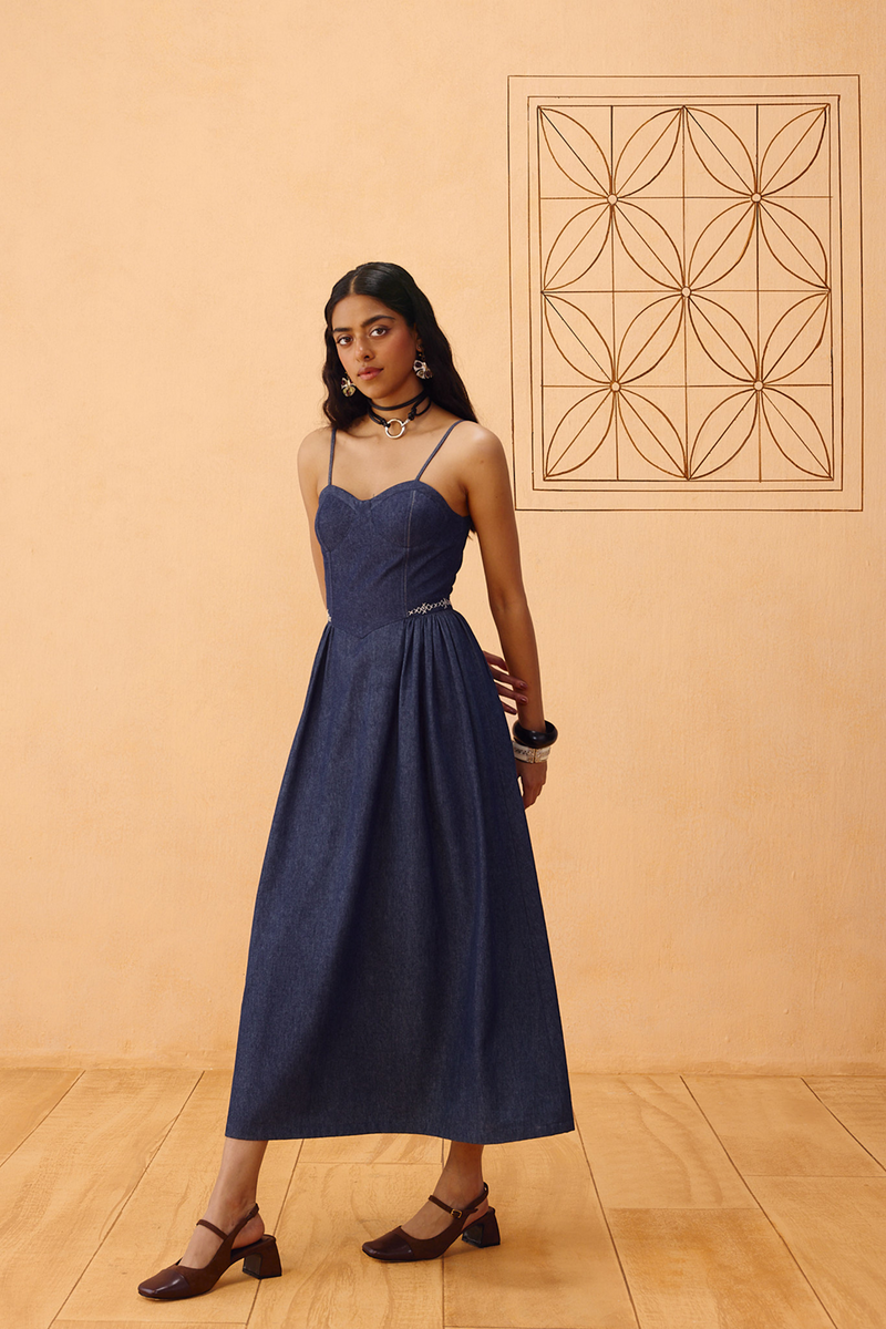 The Jaali Susainable Denim Dress denim dress by SUI in blue for women Worldwide