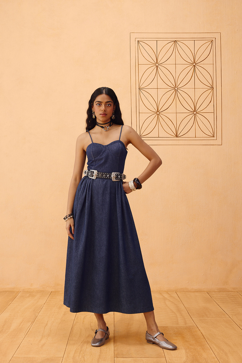 The Jaali Susainable Denim Dress denim dress by SUI in blue for women Worldwide