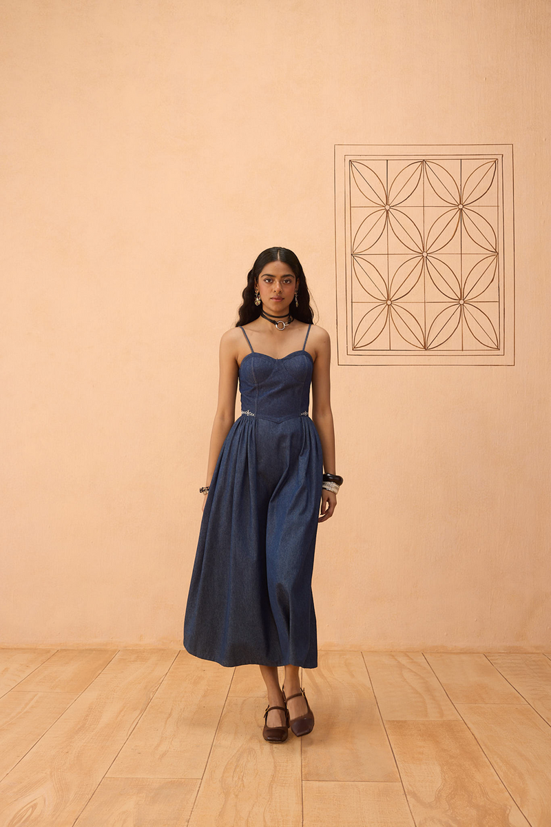The Jaali Susainable Denim Dress denim dress by SUI in blue for women Worldwide