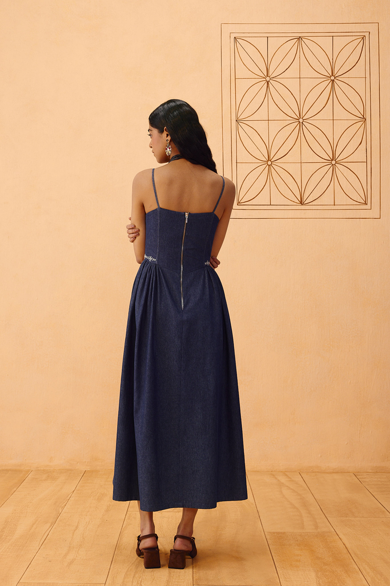 The Jaali Susainable Denim Dress denim dress by SUI in blue for women Worldwide