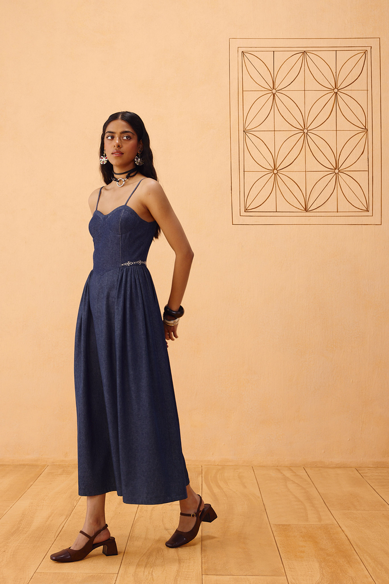 The Jaali Susainable Denim Dress denim dress by SUI in blue for women Worldwide