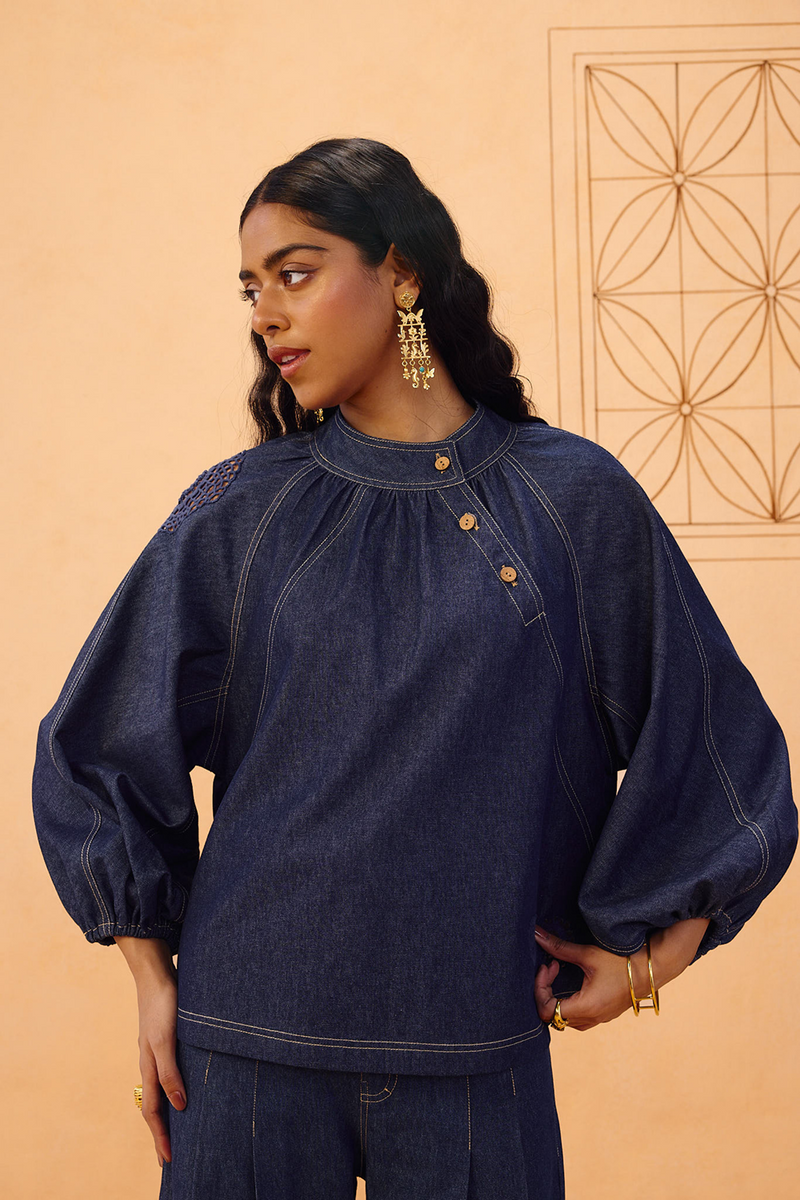 The Jaali Sustainable Denim Top denim top/shirt by SUI in blue for women Worldwide