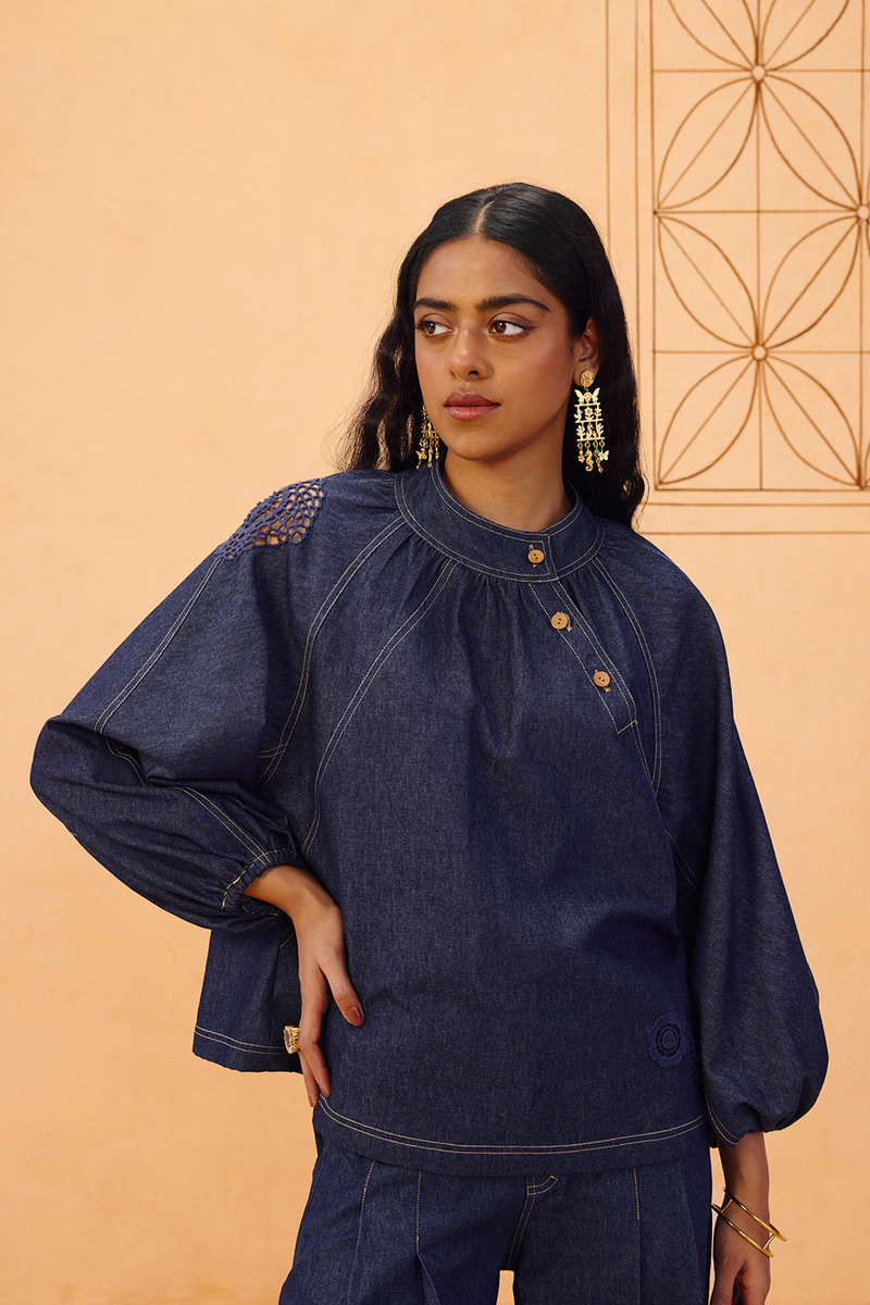 The Jaali Sustainable Denim Top denim top/shirt by SUI in blue for women Worldwide