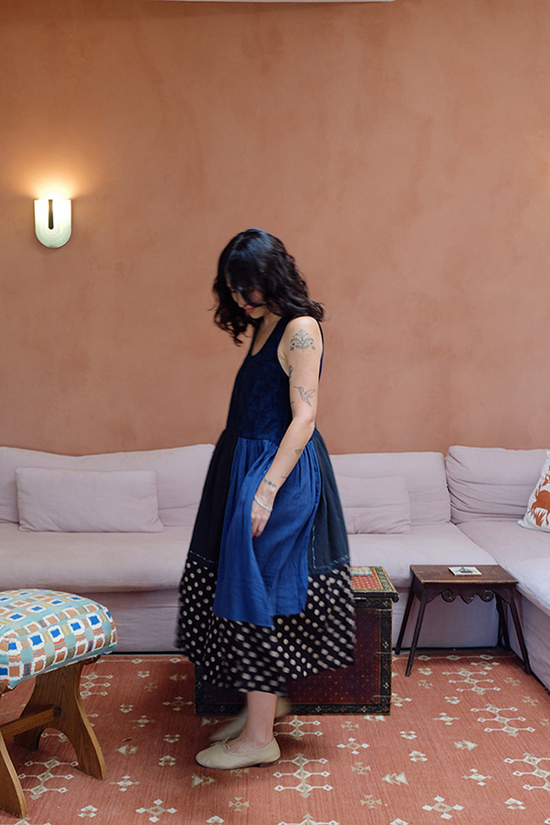 The Joan Dress-Dawn hand block printed &amp; hand-woven organic fabric dress by World of Crow in multi-color for women Worldwide