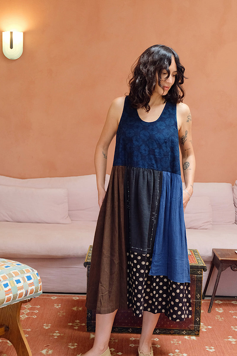 The Joan Dress-Dawn hand block printed &amp; hand-woven organic fabric dress by World of Crow in multi-color for women Worldwide