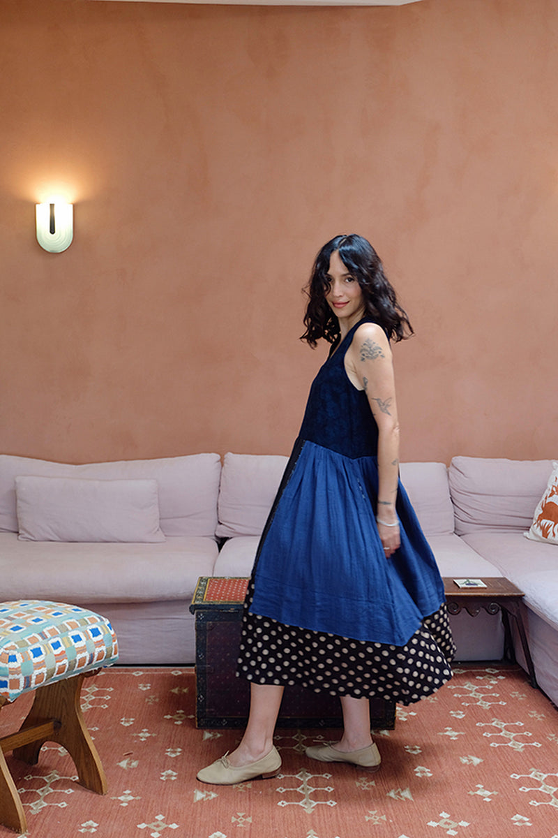 The Joan Dress-Dawn hand block printed &amp; hand-woven organic fabric dress by World of Crow in multi-color for women Worldwide