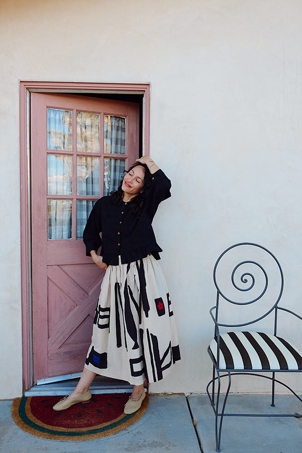 The Joy Skirt-Symbolic handwoven cotton skirt by World of Crow in beige,black for women Worldwide