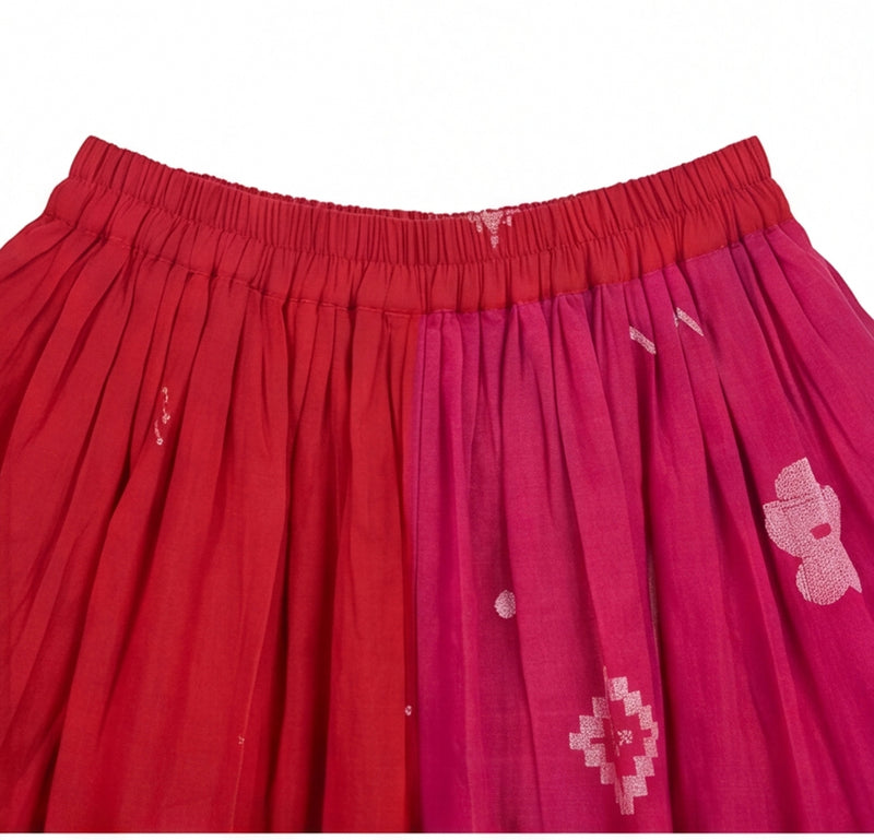 The Joy Skirt-Pink & Red cotton jamdani skirt by World of Crow in crimson red for women Worldwide