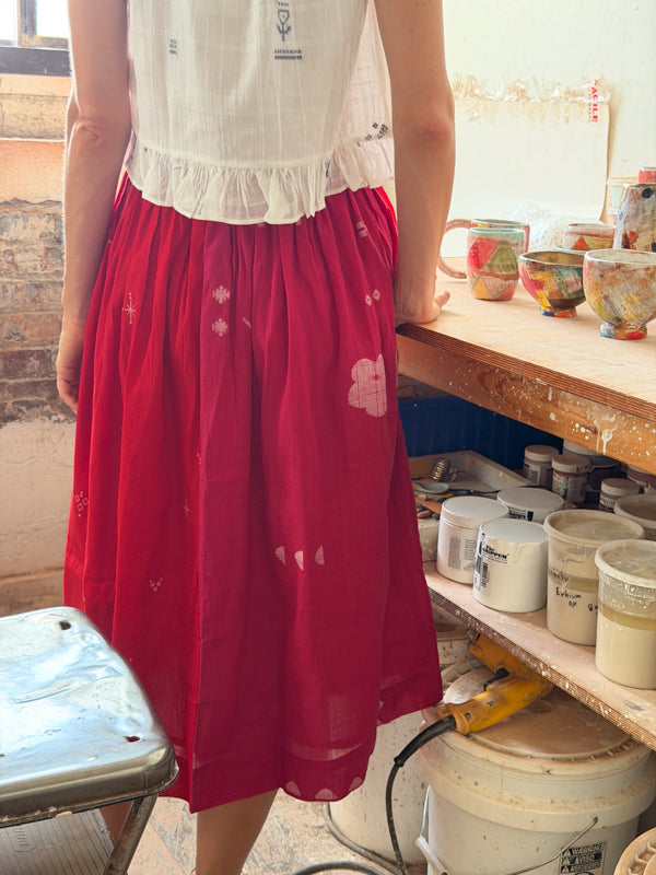 The Joy Skirt-Pink & Red cotton jamdani skirt by World of Crow in crimson red for women Worldwide
