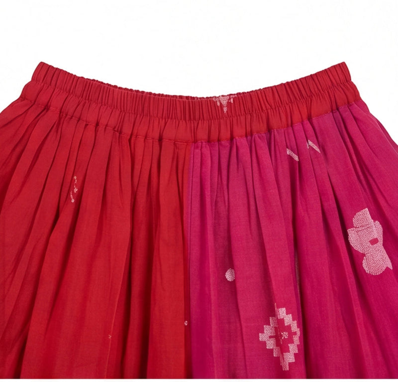 The Joy Skirt-Pink & Red cotton jamdani skirt by World of Crow in crimson red for women Worldwide