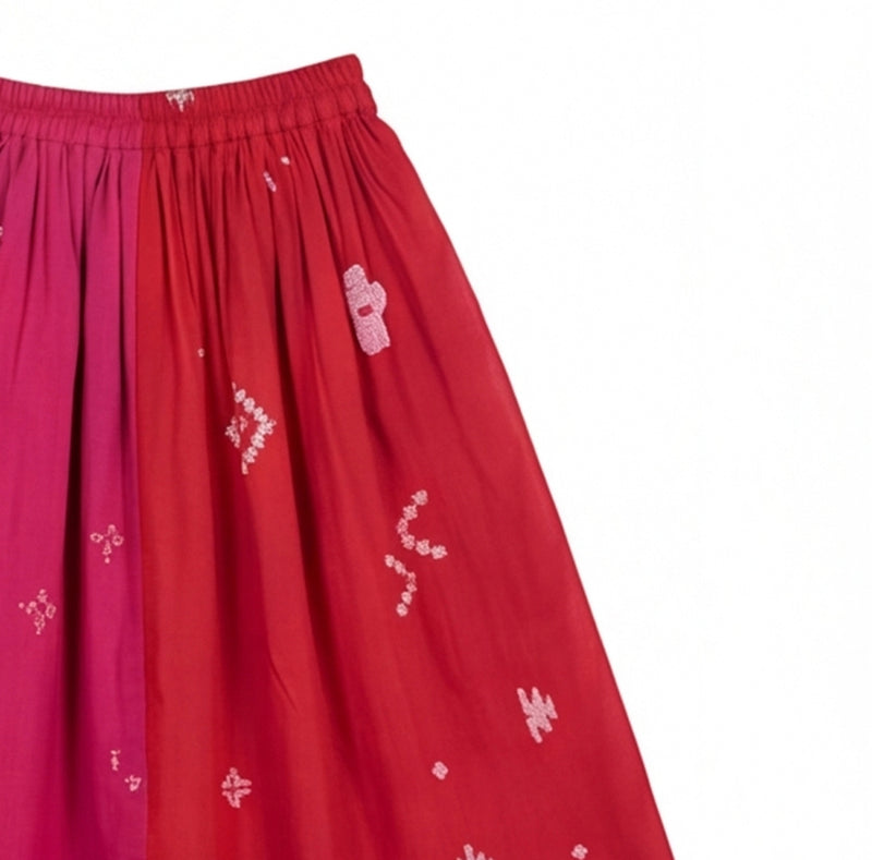 The Joy Skirt-Pink & Red cotton jamdani skirt by World of Crow in crimson red for women Worldwide