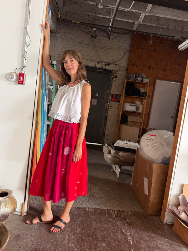 The Joy Skirt-Pink & Red cotton jamdani skirt by World of Crow in crimson red for women Worldwide