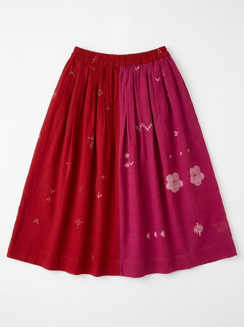 The Joy Skirt-Pink & Red cotton jamdani skirt by World of Crow in crimson red for women Worldwide