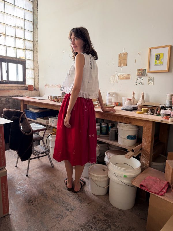 The Joy Skirt-Pink & Red cotton jamdani skirt by World of Crow in crimson red for women Worldwide