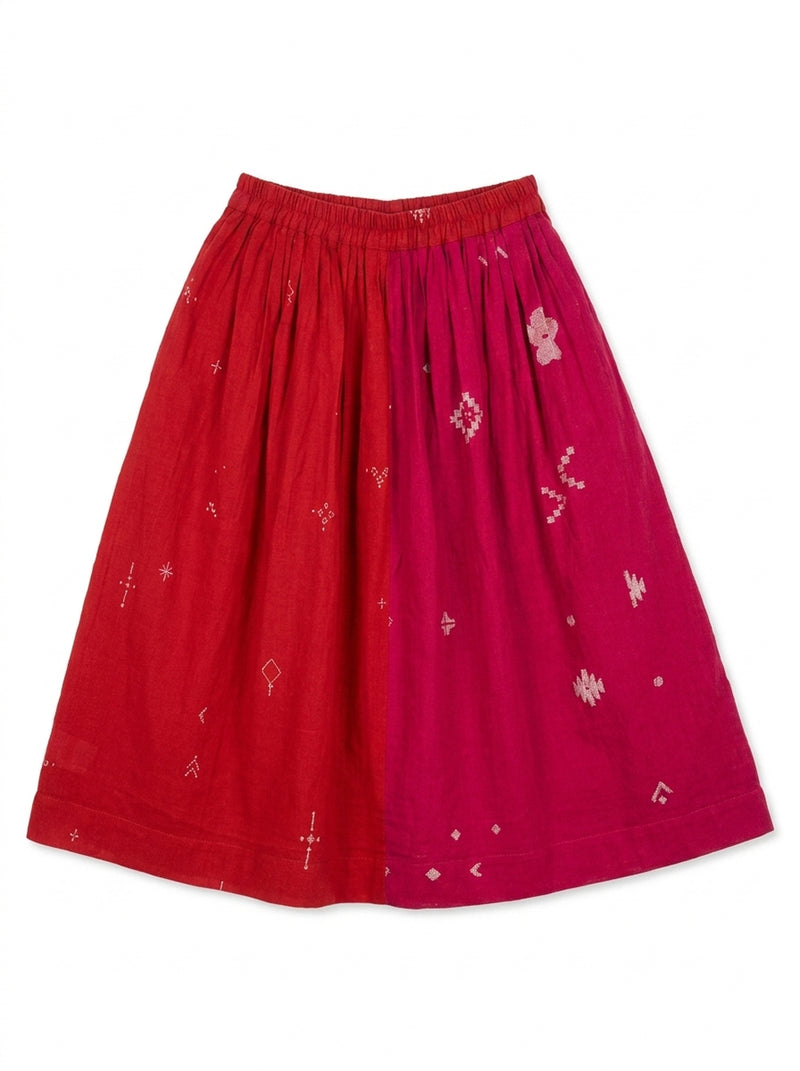 The Joy Skirt-Pink & Red cotton jamdani skirt by World of Crow in crimson red for women Worldwide