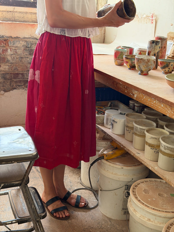 The Joy Skirt-Pink & Red cotton jamdani skirt by World of Crow in crimson red for women Worldwide