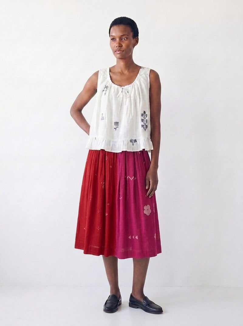The Joy Skirt-Pink & Red cotton jamdani skirt by World of Crow in crimson red for women Worldwide