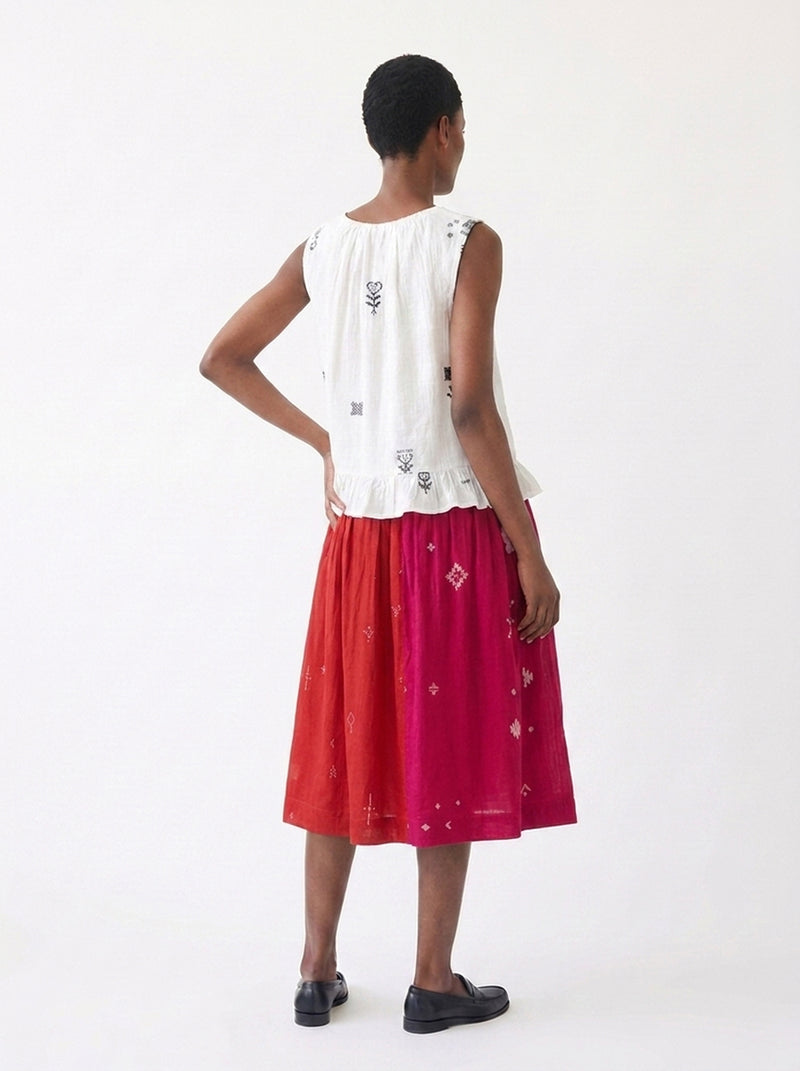 The Joy Skirt-Pink & Red cotton jamdani skirt by World of Crow in crimson red for women Worldwide