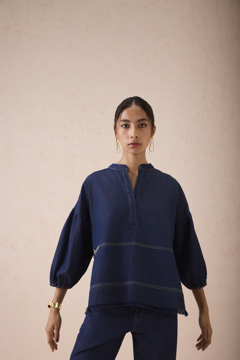 The Little Things Denim Blouse cotton by SUI in blue color for women Worldwide