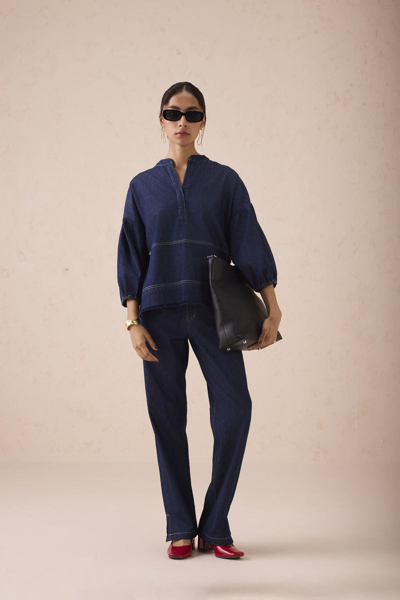The Little Things Denim Blouse cotton by SUI in blue color for women Worldwide