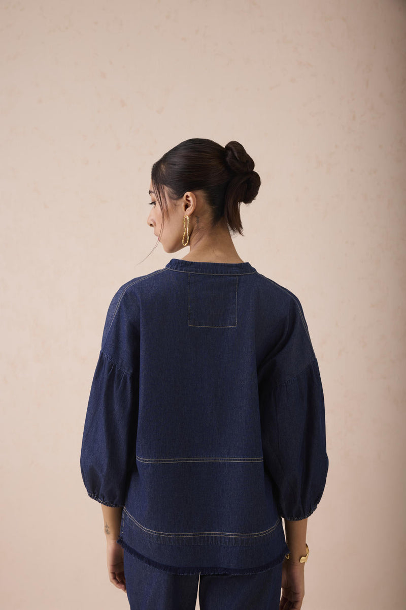 The Little Things Denim Blouse cotton by SUI in blue color for women Worldwide