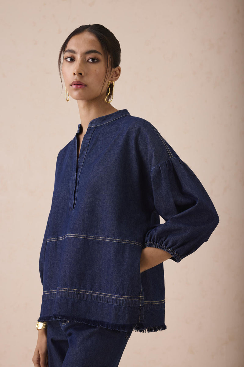 The Little Things Denim Blouse cotton by SUI in blue color for women Worldwide