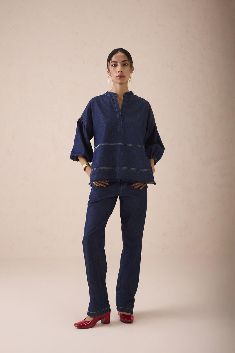The Little Things Denim Blouse cotton by SUI in blue color for women Worldwide