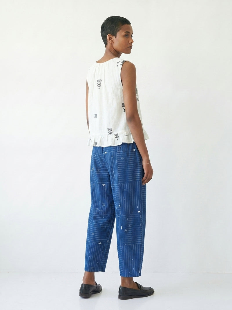 The Midday Pants-Grid Patchwork cotton jamdani pant/trouser by World of Crow in blue for women Worldwide