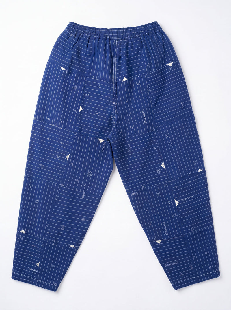 The Midday Pants-Grid Patchwork cotton jamdani pant/trouser by World of Crow in blue for women Worldwide