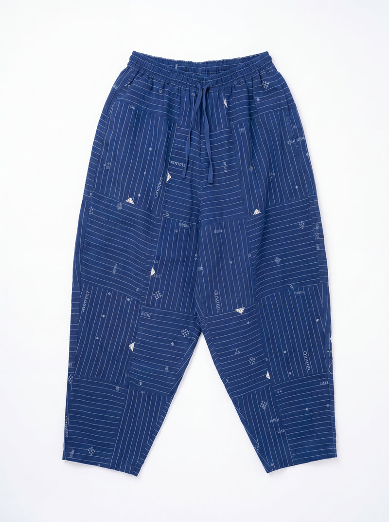 The Midday Pants-Grid Patchwork cotton jamdani pant/trouser by World of Crow in blue for women Worldwide