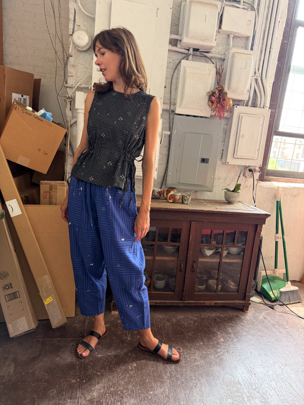 The Midday Pants-Grid Patchwork cotton jamdani pant/trouser by World of Crow in blue for women Worldwide