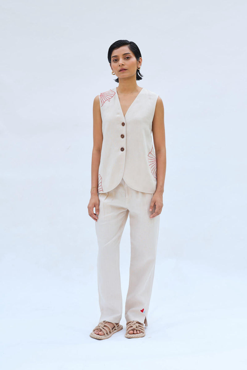 The Misty Linen Waistcoat by SUI in white color for women Worldwide
