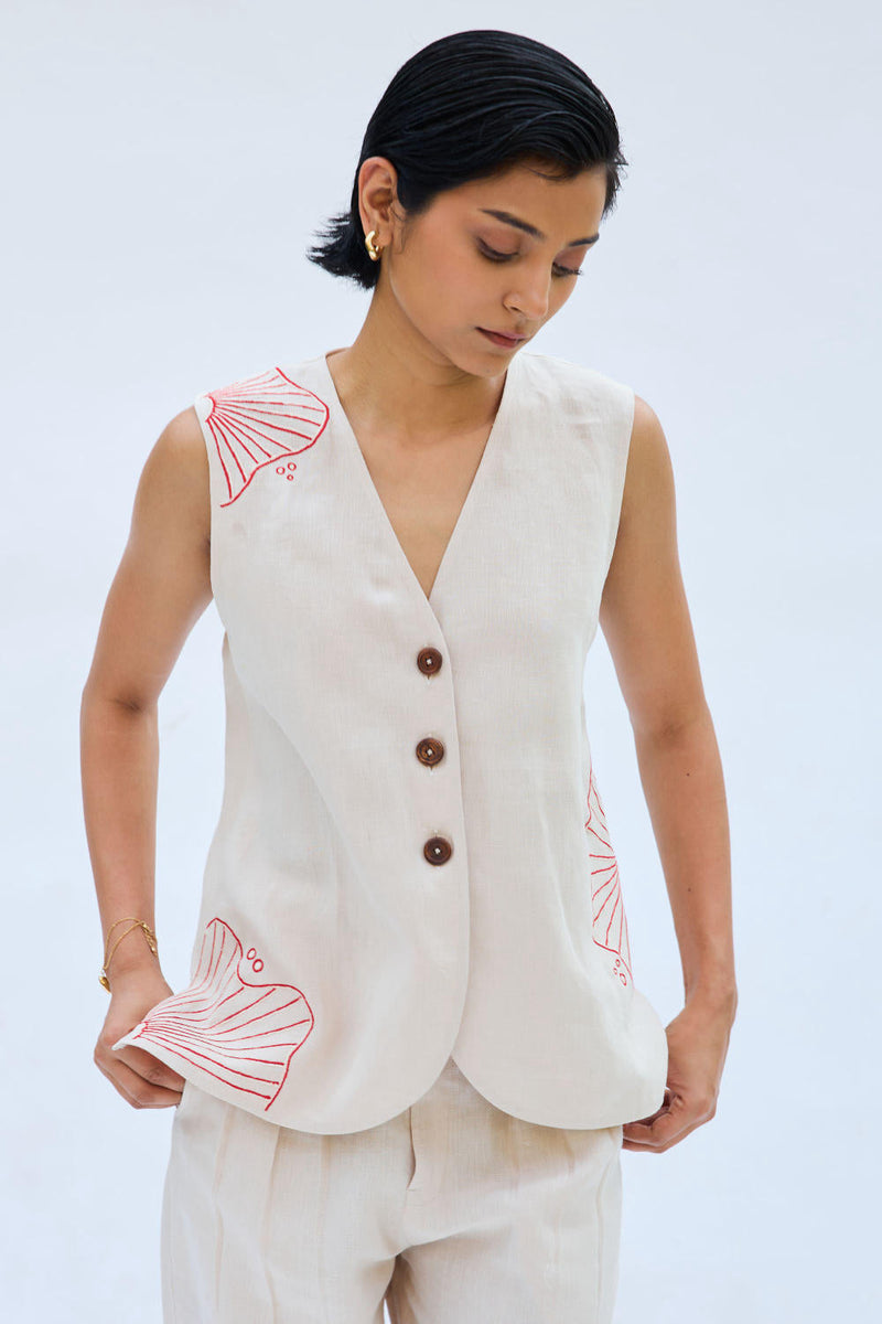 The Misty Linen Waistcoat by SUI in white color for women Worldwide