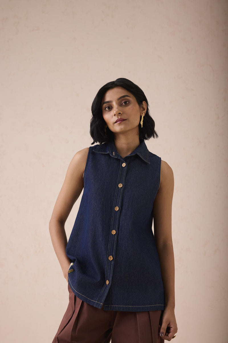 The Mountain Denim Sleevless Shirt cotton by SUI in blue color for women Worldwide