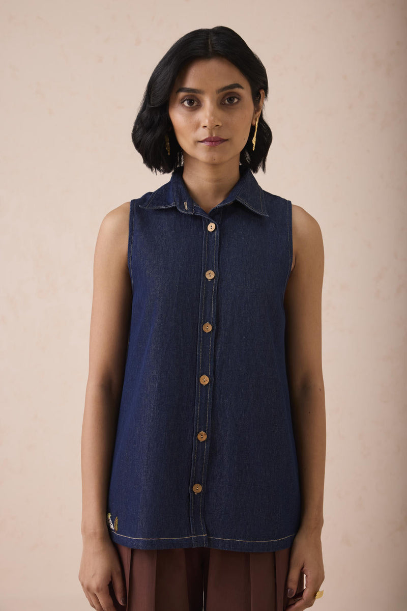 The Mountain Denim Sleevless Shirt cotton by SUI in blue color for women Worldwide