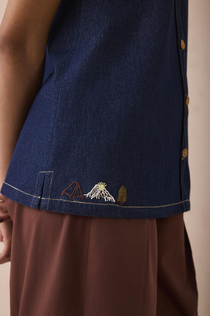 The Mountain Denim Sleevless Shirt cotton by SUI in blue color for women Worldwide