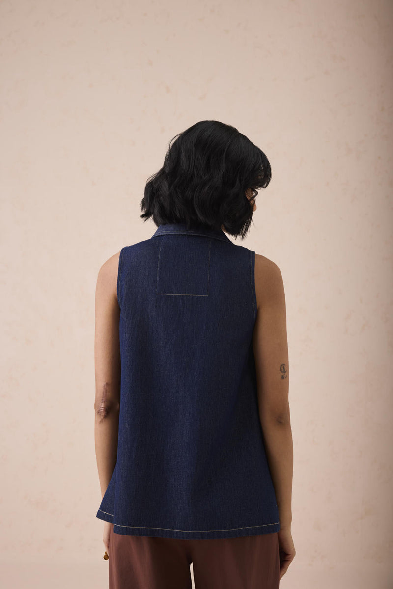 The Mountain Denim Sleevless Shirt cotton by SUI in blue color for women Worldwide