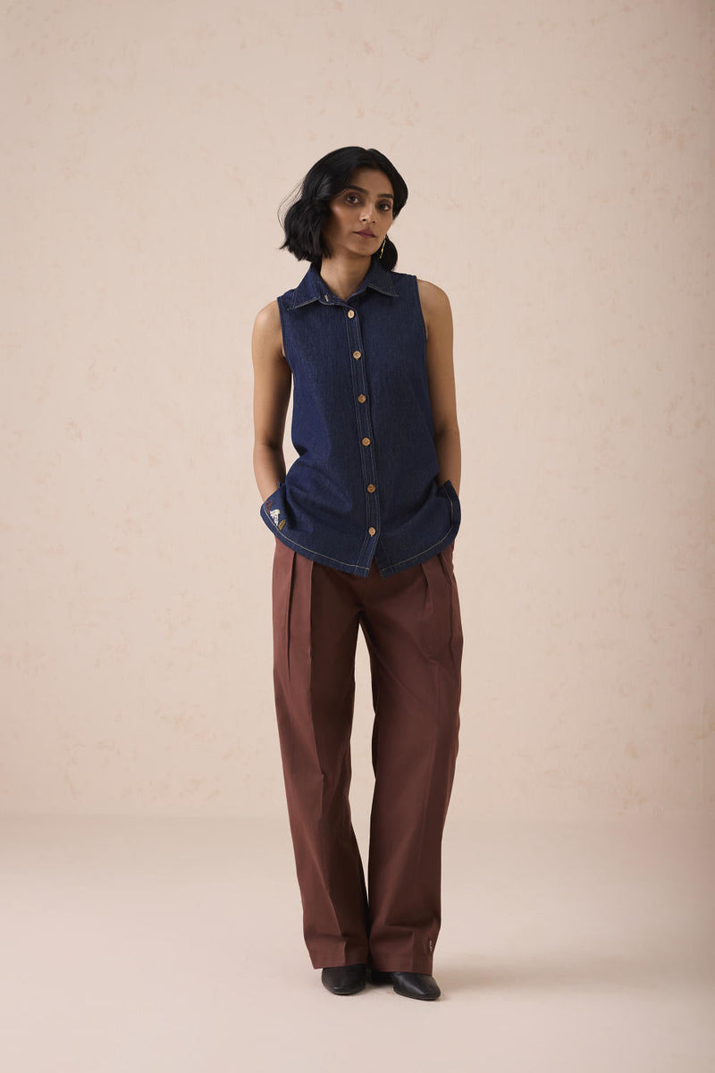 The Mountain Denim Sleevless Shirt cotton by SUI in blue color for women Worldwide