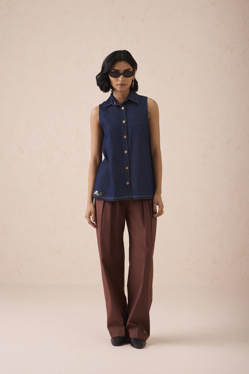 The Mountain Denim Sleevless Shirt cotton by SUI in blue color for women Worldwide