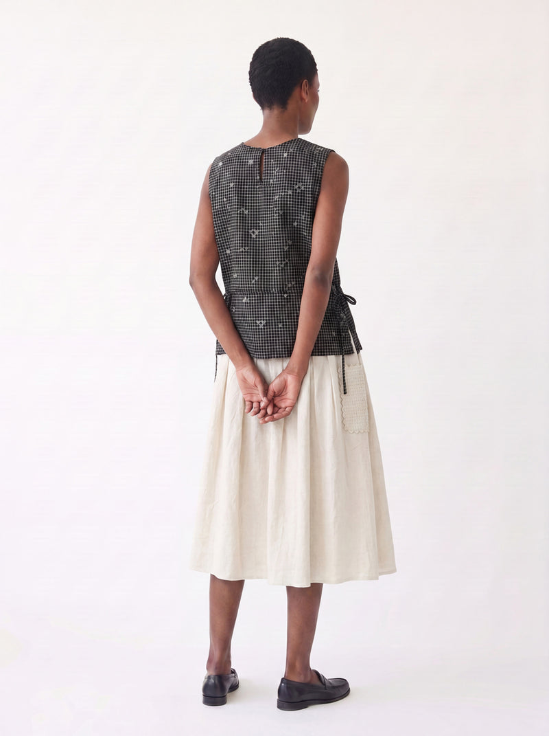 The Pleated Artisan Skirt-Basket Patchwork cotton muslin skirt by World of Crow in white for women Worldwide