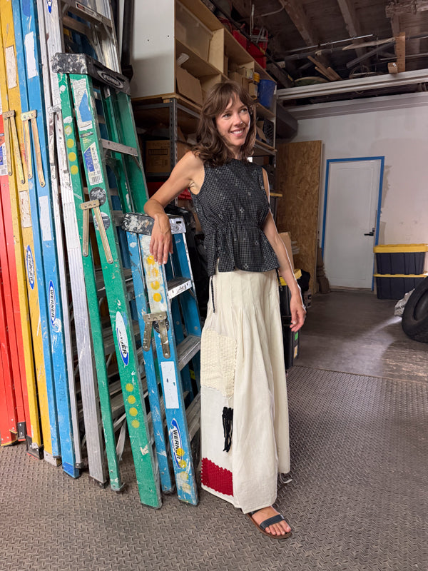 The Pleated Artisan Skirt-Basket Patchwork cotton muslin skirt by World of Crow in white for women Worldwide