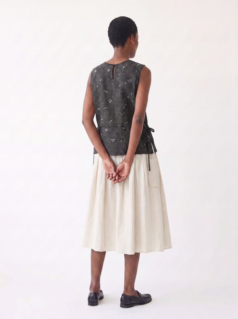 The Pleated Artisan Skirt-Basket Patchwork cotton muslin skirt by World of Crow in white for women Worldwide