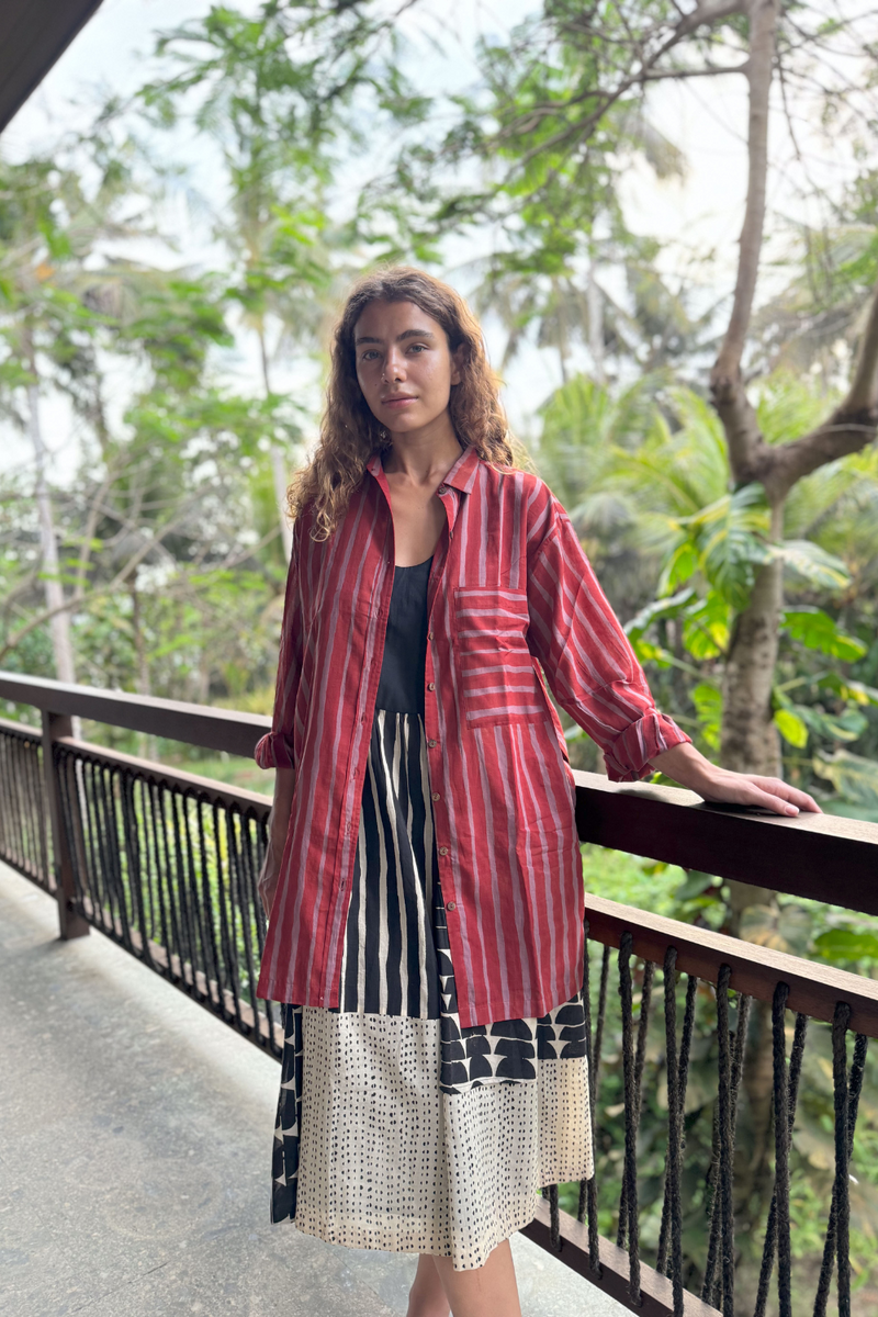 The Red-Striped Shirt cotton by World of Crow in red color for women Worldwide