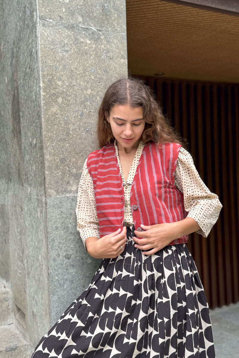 The Red - Striped Vest cotton by World of Crow in red color for women Worldwide